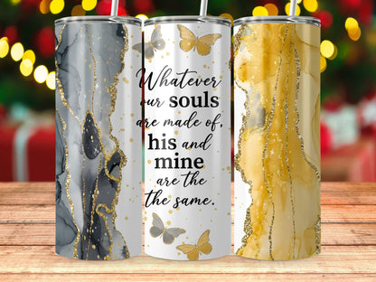 Three tumblers with marble and glitter designs, one with quote.