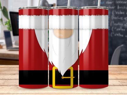 Three tumblers with Santa Claus suit design, including red suit, white trim, and belt.