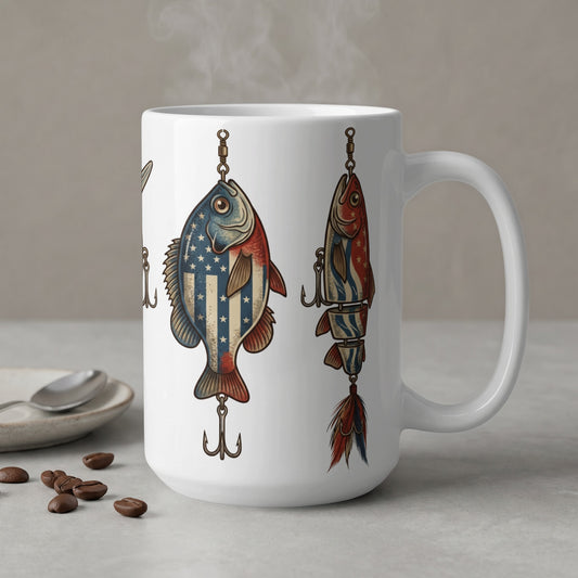 White mug with patriotic fish lure designs and steaming coffee in foreground.