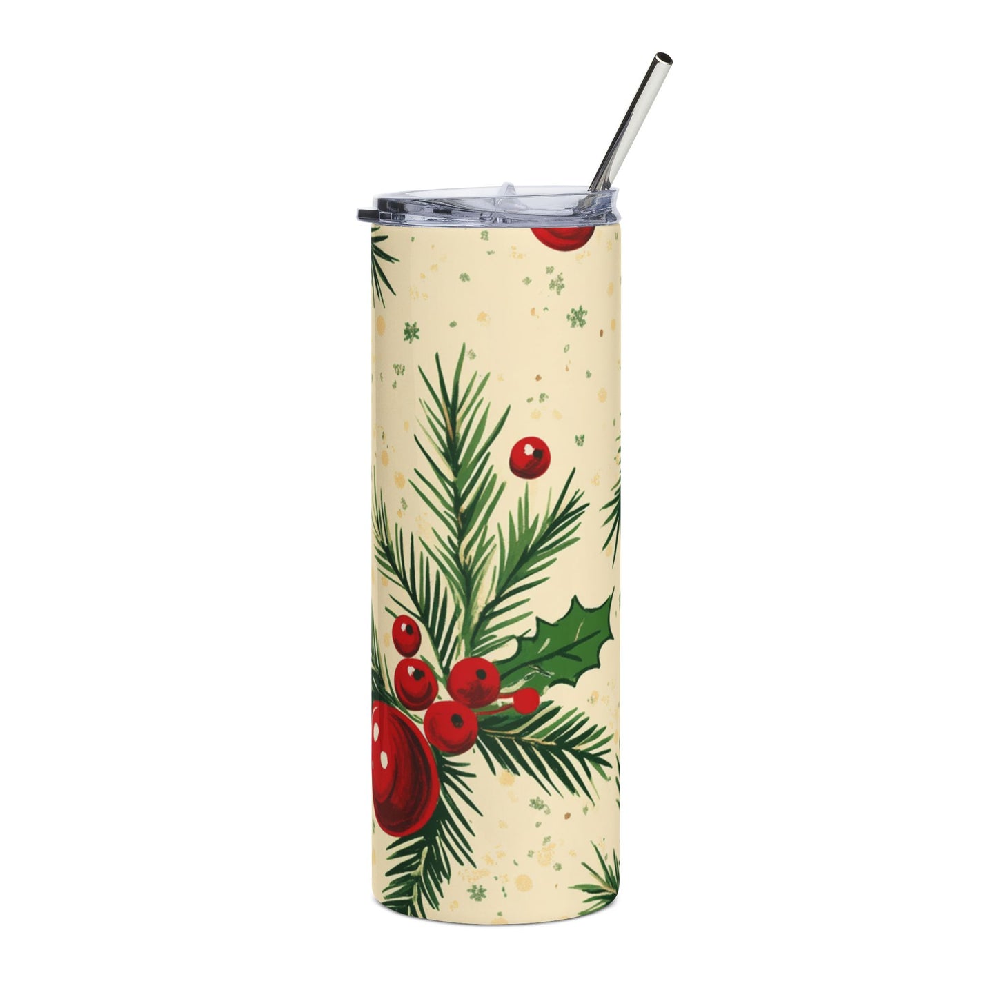 Tall tumbler with a cream background featuring a watercolor pattern of pine needles, holly, and red berries.