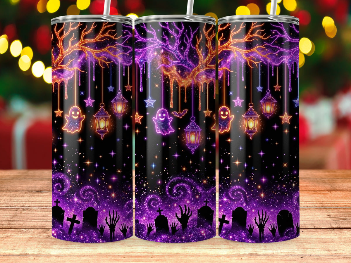 Three tumblers with Halloween glitter designs of ghosts, lanterns, and gravestones.