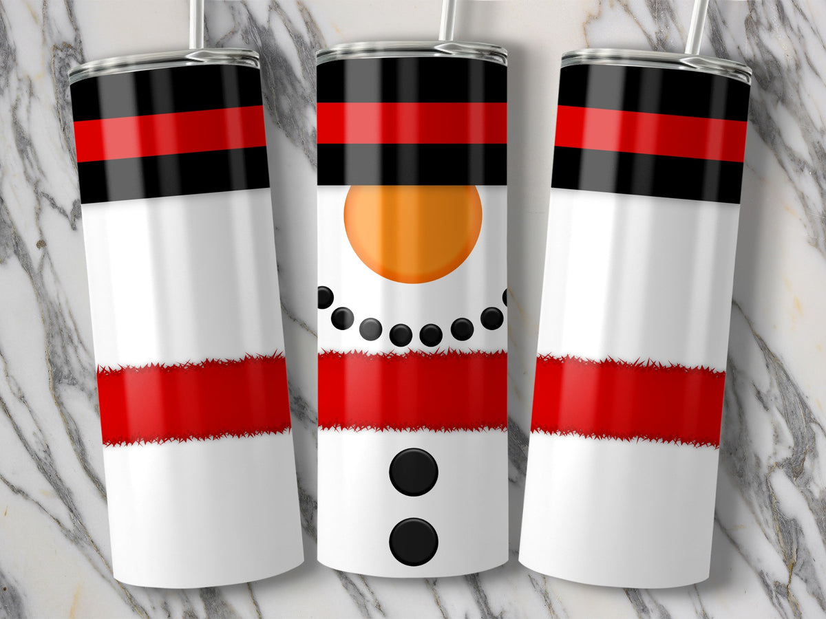 Three snowman-themed tumblers with black, red, and white stripes and black buttons.