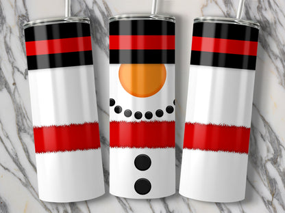 Three snowman-themed tumblers with black, red, and white stripes and black buttons.
