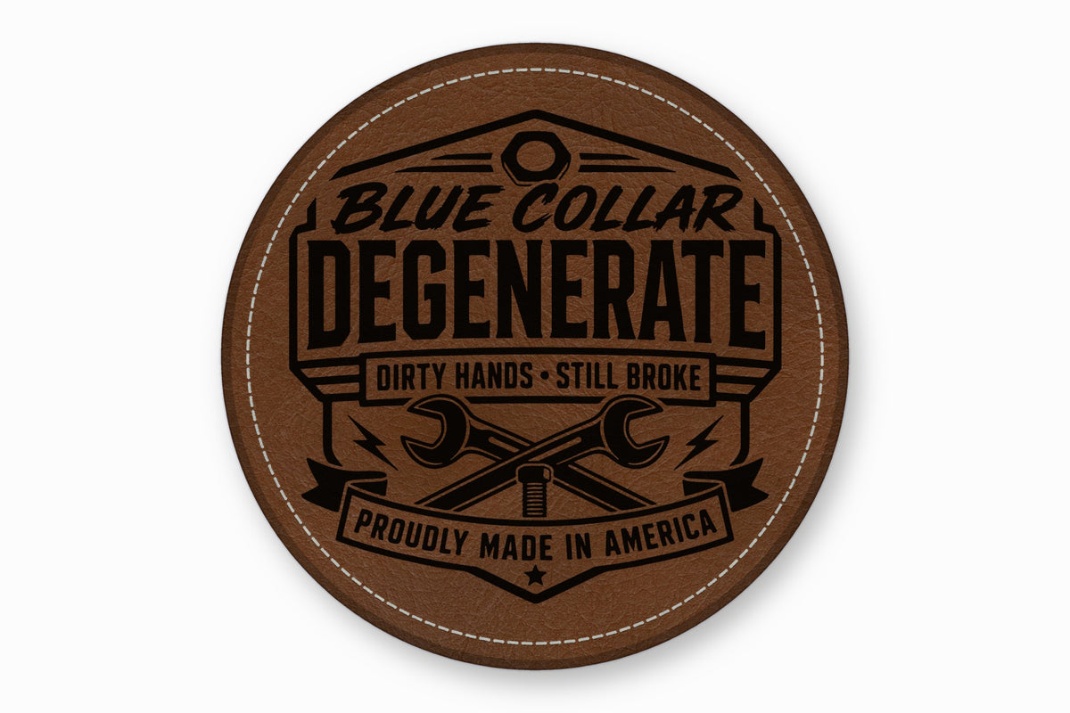 Round brown leather patch with white stitched border and black stamped text reading Blue Collar Degenerate.