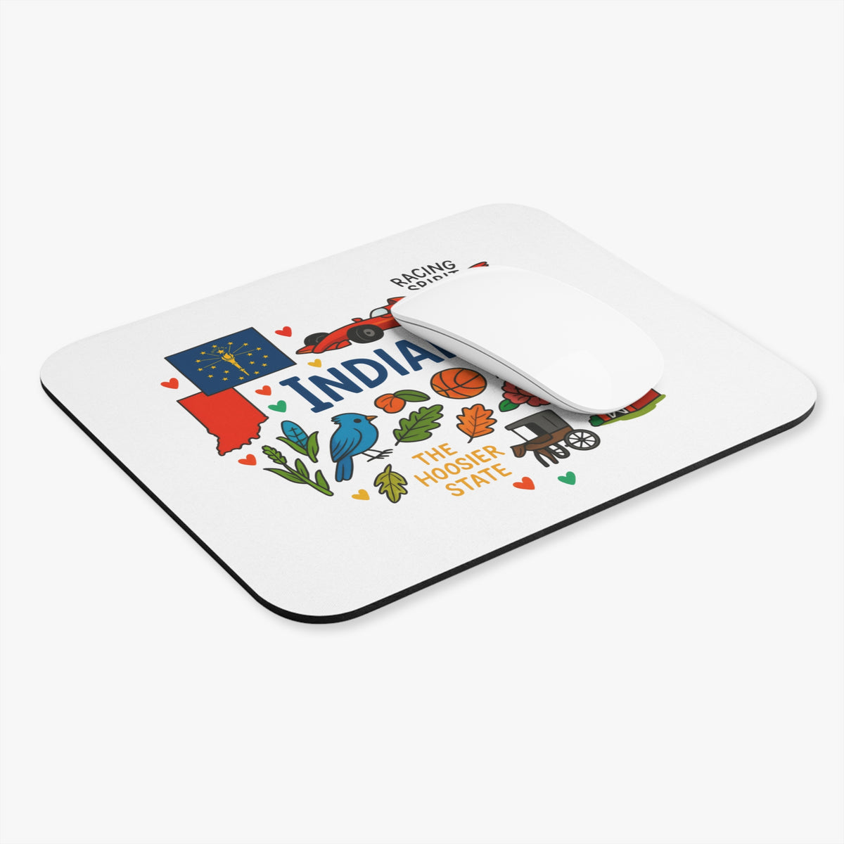 Mousepad with Indiana state outline, flag, and "The Hoosier State" text.