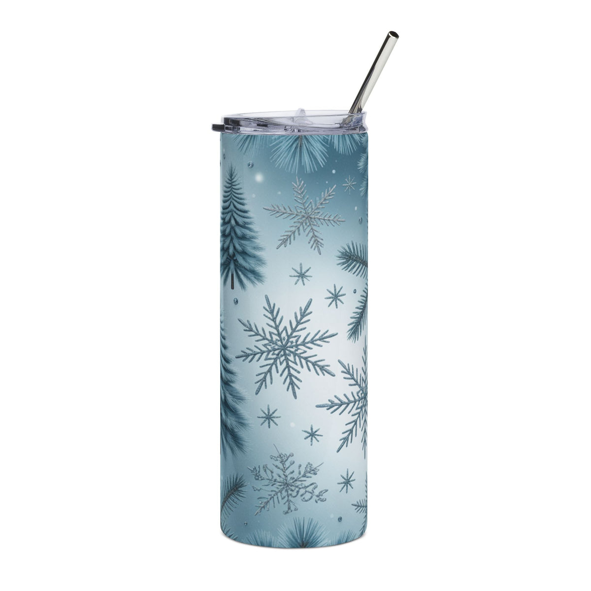 Tall tumbler with a blue gradient background featuring snowflakes and pine sprigs.