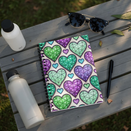 Spiral notebook with repeating pattern of stained-glass style hearts in green and purple.