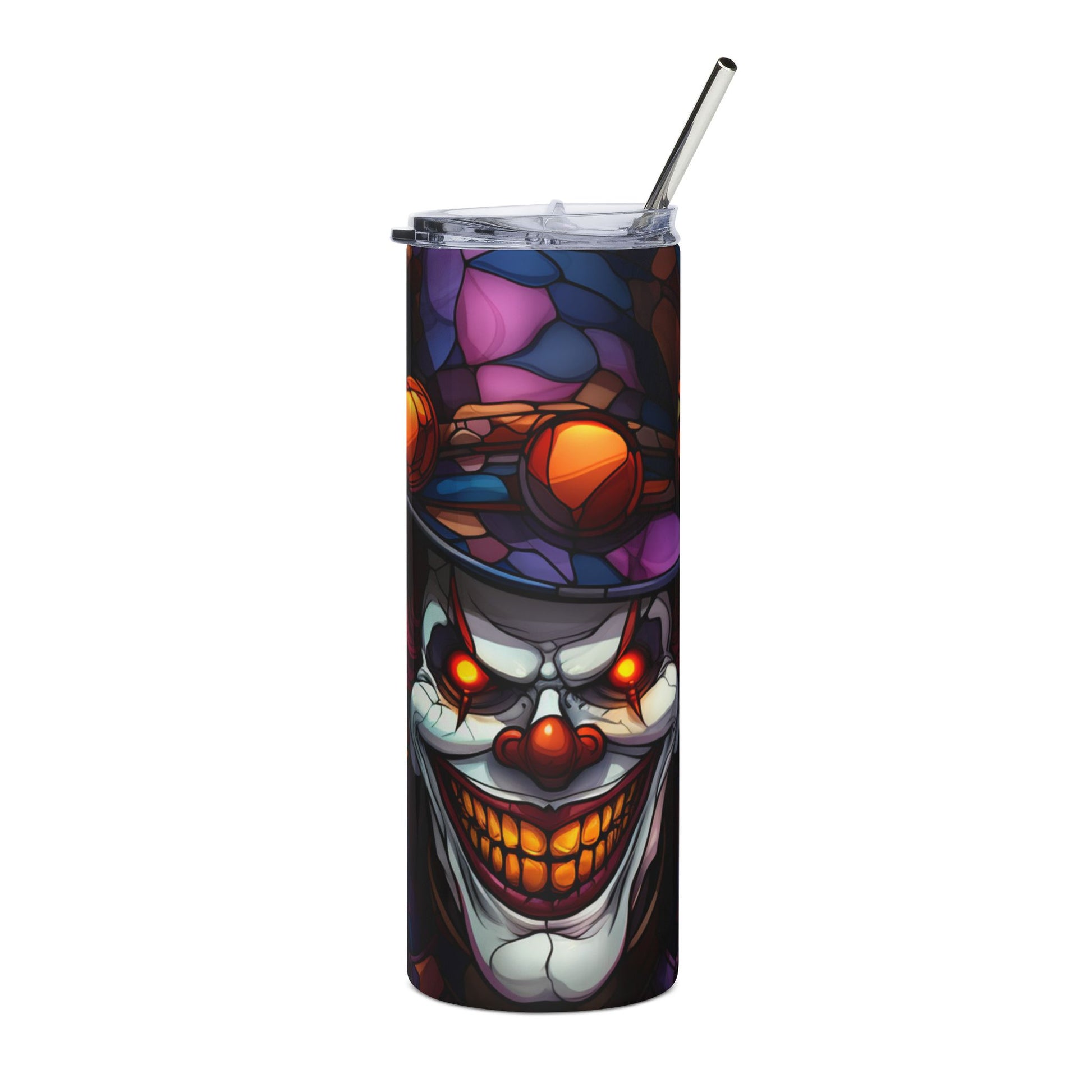 Tumbler with a creepy clown face and colorful stained-glass pattern hat.