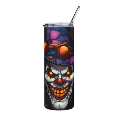 Tumbler with a creepy clown face and colorful stained-glass pattern hat.