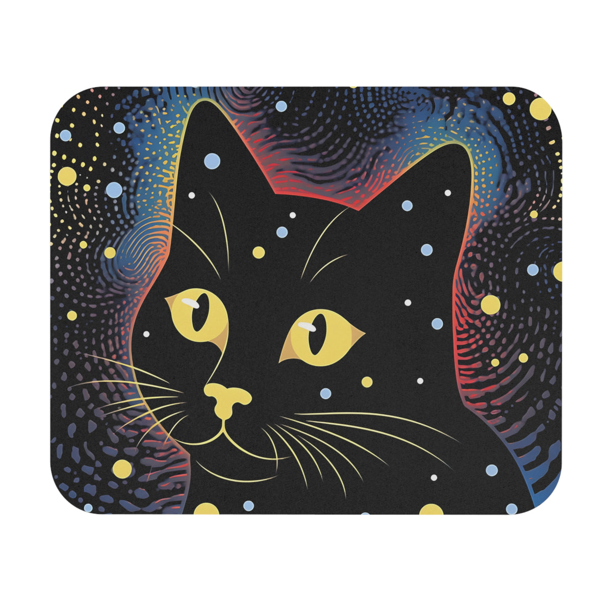 A rectangular black mousepad featuring a stylized black cat with bright yellow eyes against a starry cosmic background.