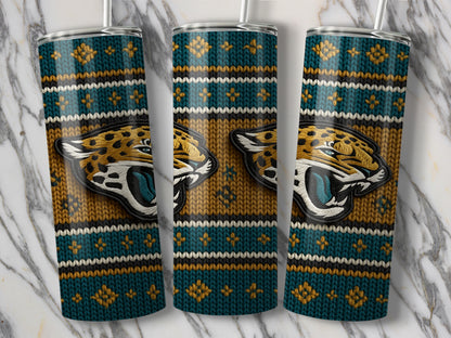 Three tumblers with a jaguar head and knitted pattern design.