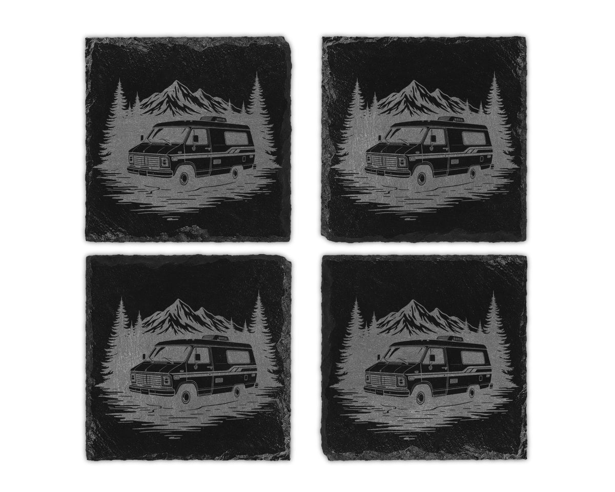 Four slate coasters engraved with a vintage camper van in a forest scene.