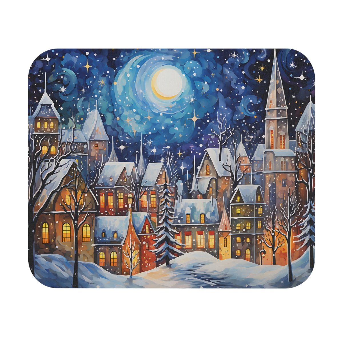 Whimsical village under a glowing moon and starry sky during snowfall.
