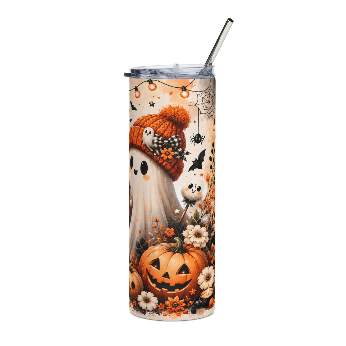 Halloween tumbler with ghost, pumpkin, bats, and string lights illustration.