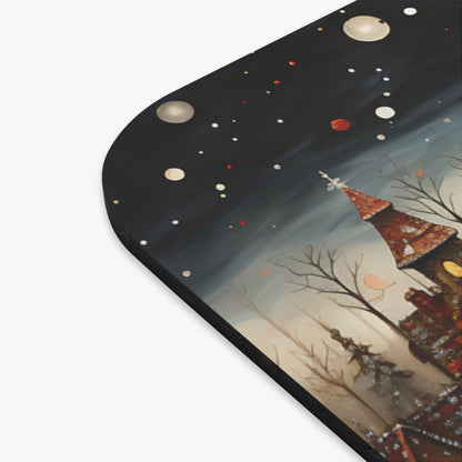 Whimsical haunted house and bare trees under a starry night sky.