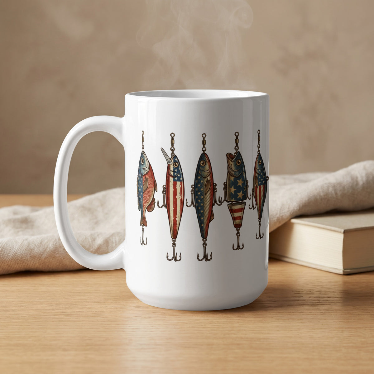 White mug with a repeating pattern of fish-shaped lures decorated with American flag motifs.