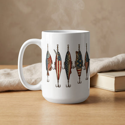 White mug with a repeating pattern of fish-shaped lures decorated with American flag motifs.