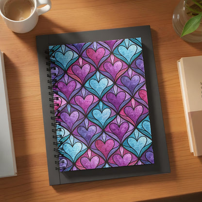 Spiral notebook with a stained-glass heart pattern in purple and blue.