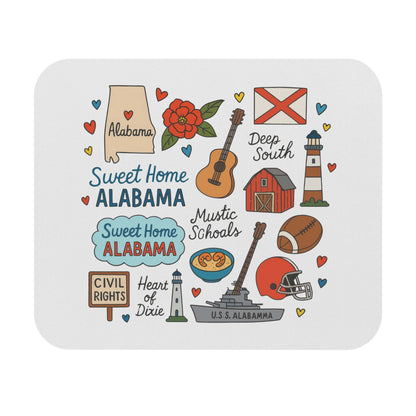 Drawn Alabama map, lighthouse, barn, guitar, football, helmet, and text "Sweet Home Alabama".
