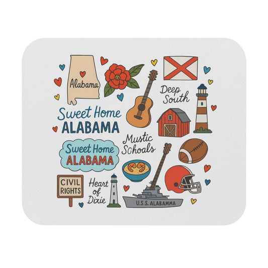 Drawn Alabama map, lighthouse, barn, guitar, football, helmet, and text "Sweet Home Alabama".