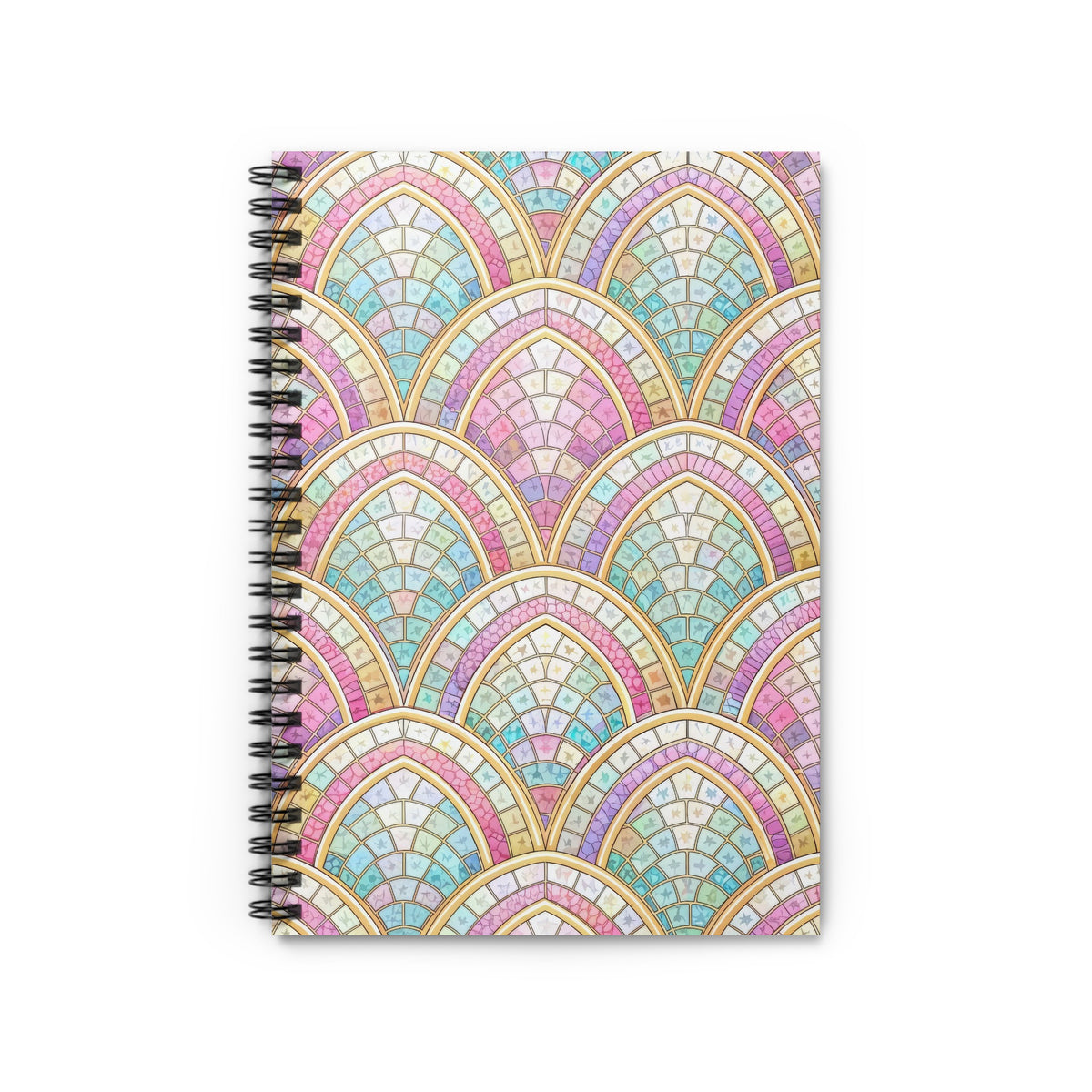 Spiral-bound notebook with a stained-glass-inspired pastel arch pattern.