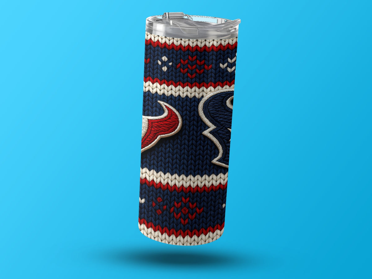 Houston Texans logo tumbler with a navy, red, and white knit pattern.