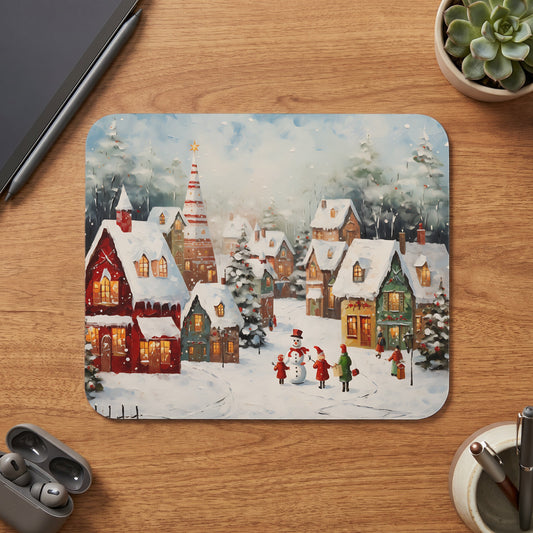 Watercolor mousepad featuring a snowy village scene with a snowman and people.