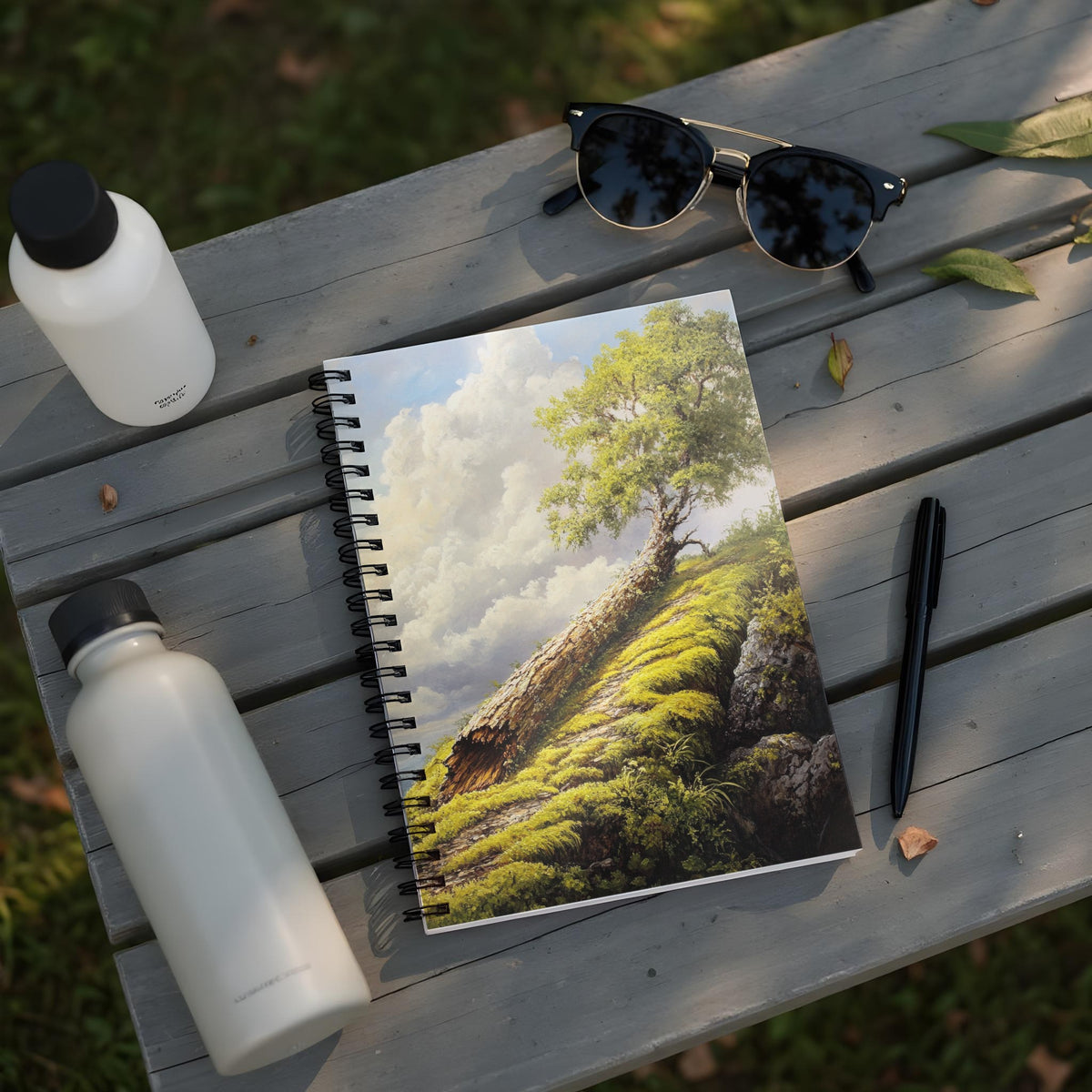 Spiral notebook with painting of a tree on a mossy hill under a cloudy sky.