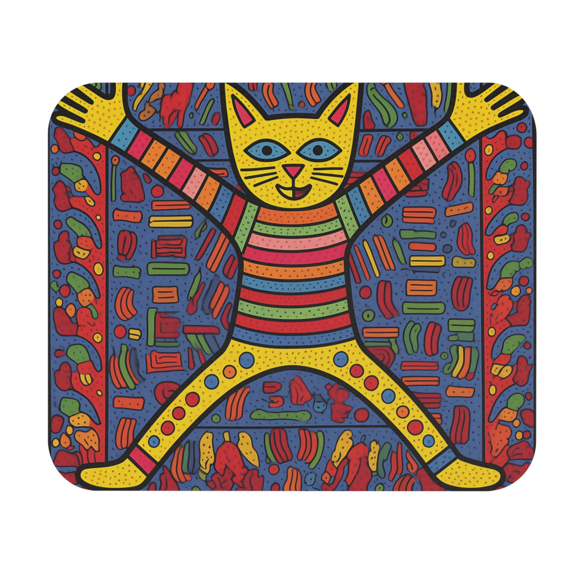 Yellow cat with arms and legs outstretched against a blue background with colorful abstract shapes.