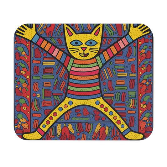 Yellow cat with arms and legs outstretched against a blue background with colorful abstract shapes.