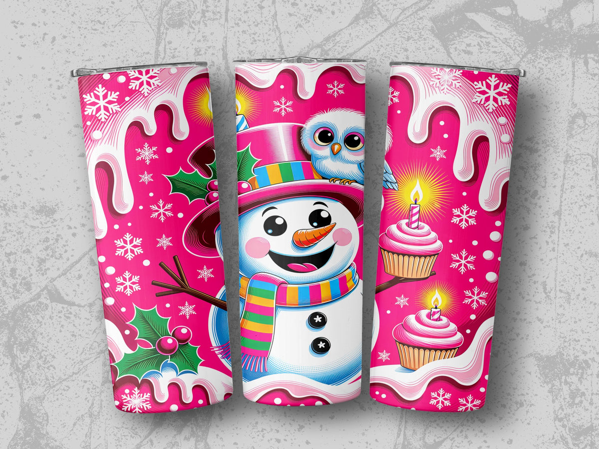 Christmas snowman with owl, cupcakes, and snowflakes on pink background.