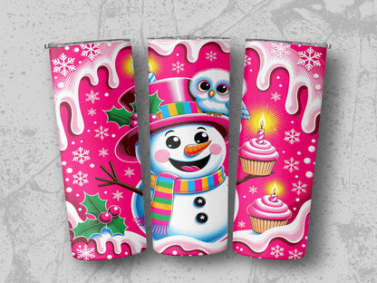 Christmas snowman with owl, cupcakes, and snowflakes on pink background.