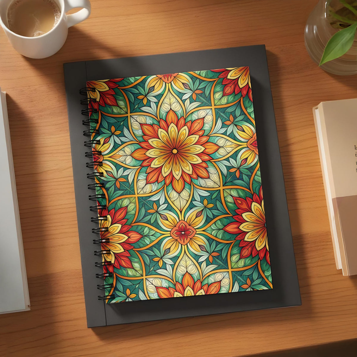 Spiral-bound journal with a colorful floral mosaic pattern on its cover.