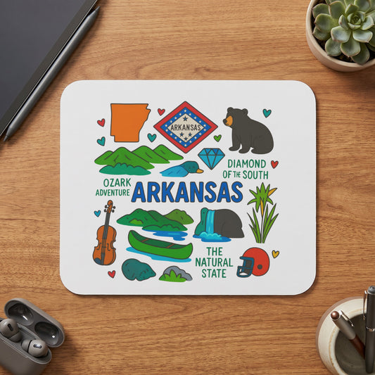 Arkansas state icons including bear, diamond, Ozark Mountains, and canoe.