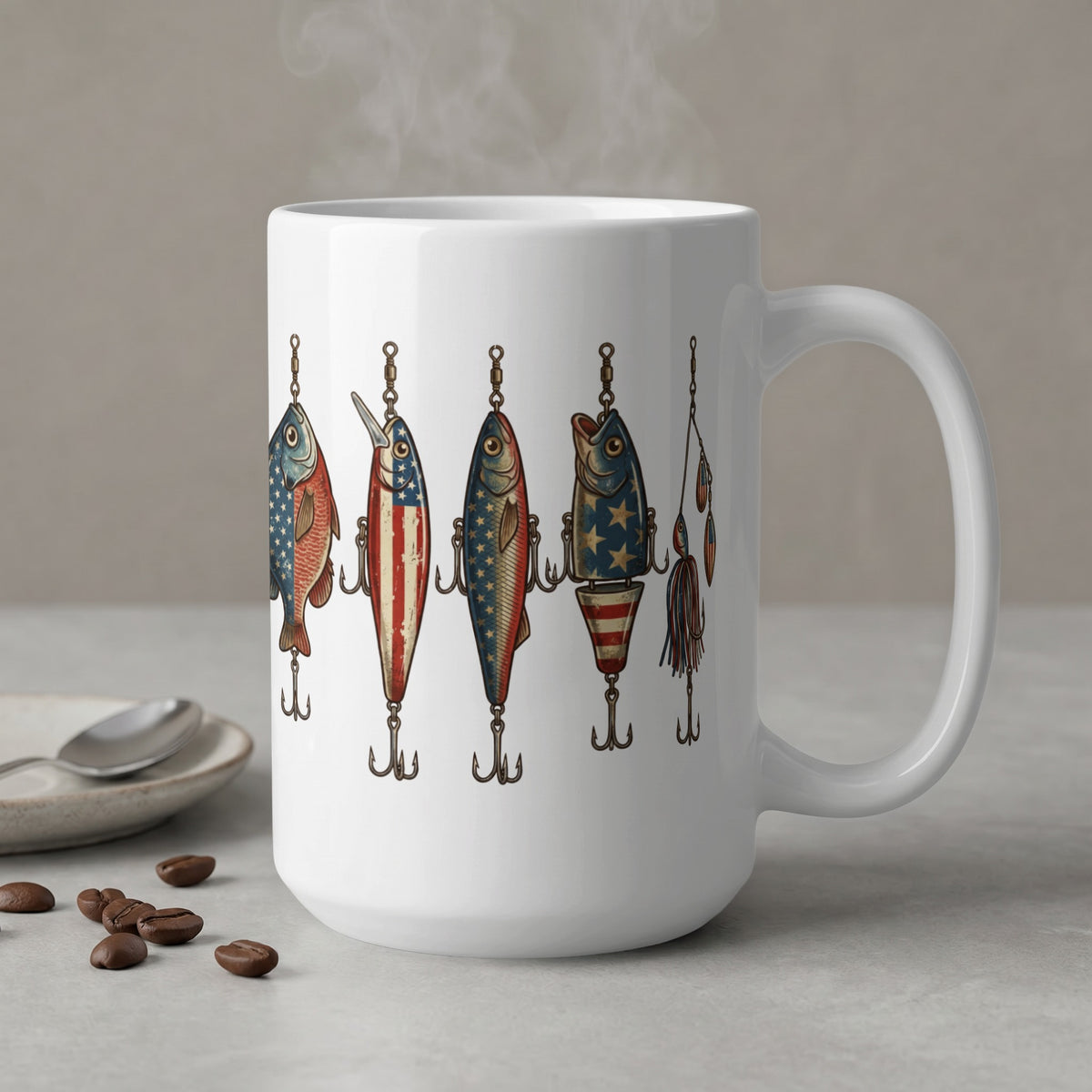 White mug with fishing lures decorated with American flag patterns.
