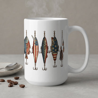 White mug with fishing lures decorated with American flag patterns.
