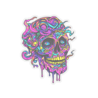 Melting skull artwork with colorful, abstract, swirling patterns and drips.