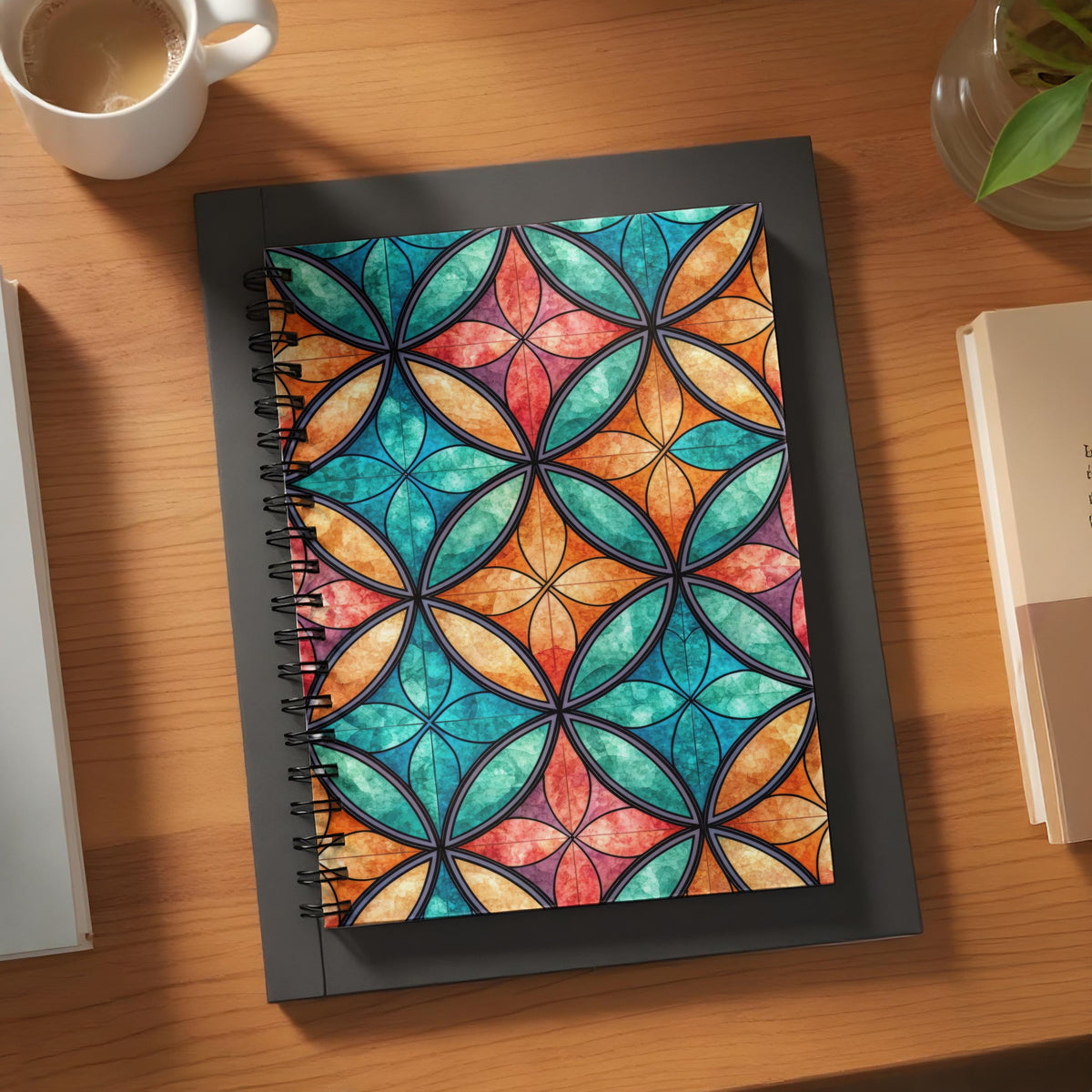 Spiral notebook with a stained-glass geometric pattern in teal, orange, and red.