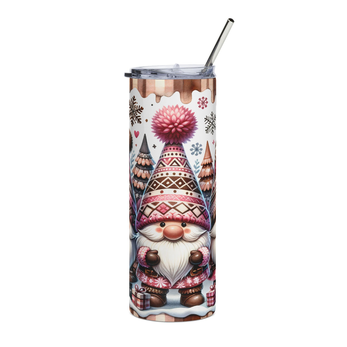 Tumbler featuring a gnome with a patterned hat, snowflakes, and gift boxes.