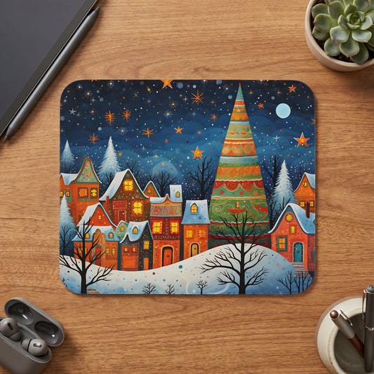 Festive mousepad with a snowy village scene and colorful Christmas tree.