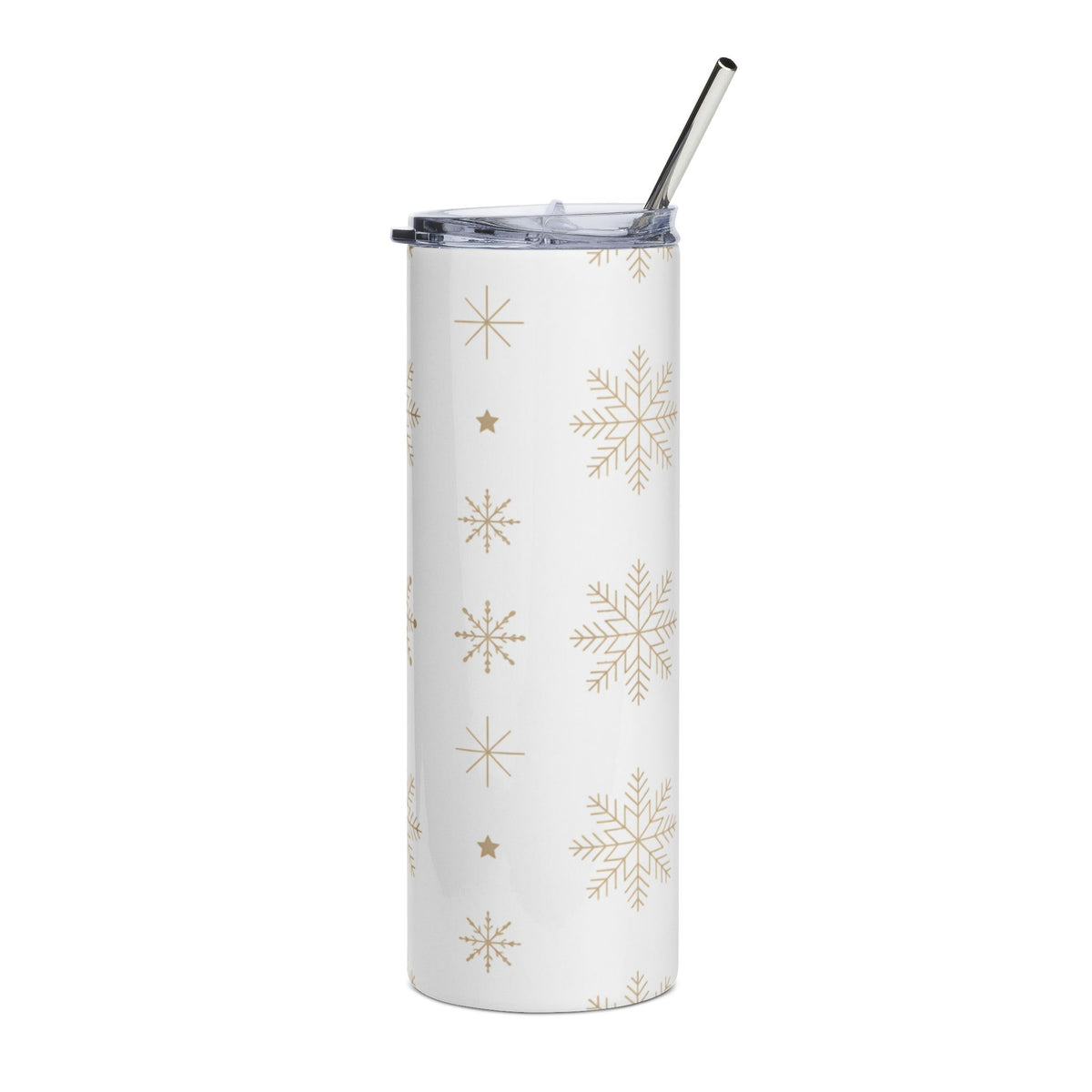 White tumbler with gold snowflake and star pattern and metal straw