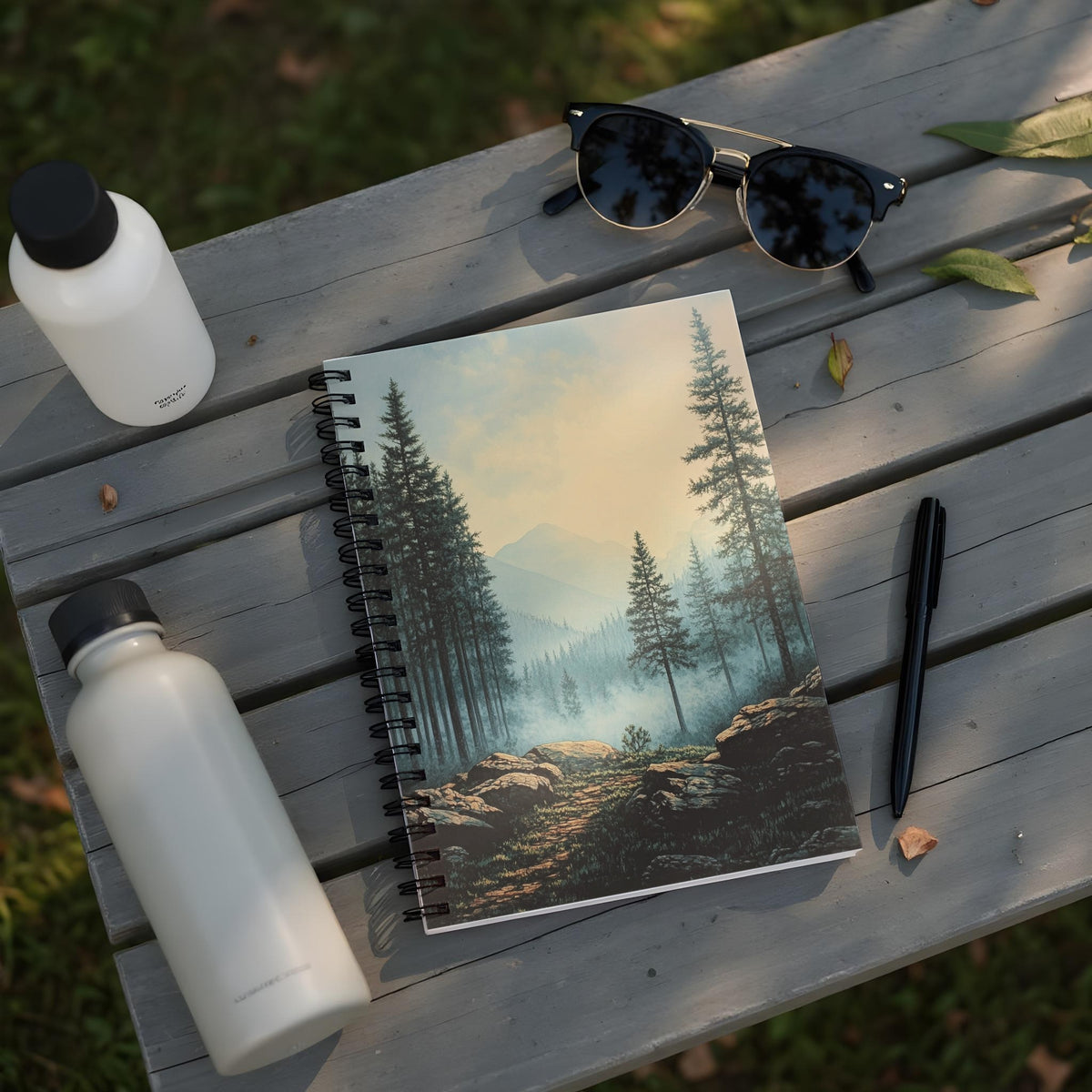 Spiral bound notebook with misty mountain forest scene, water bottles, sunglasses, and pen.