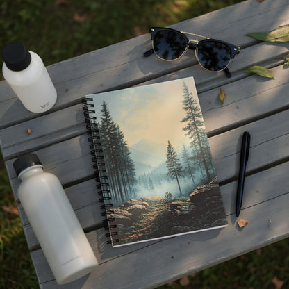 Spiral bound notebook with misty mountain forest scene, water bottles, sunglasses, and pen.