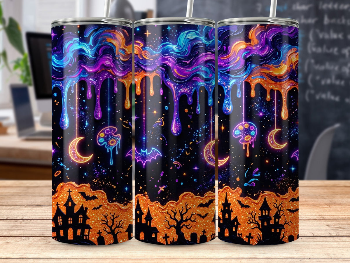 Three tumblers with a Halloween-themed dripping paint design and haunted silhouettes.