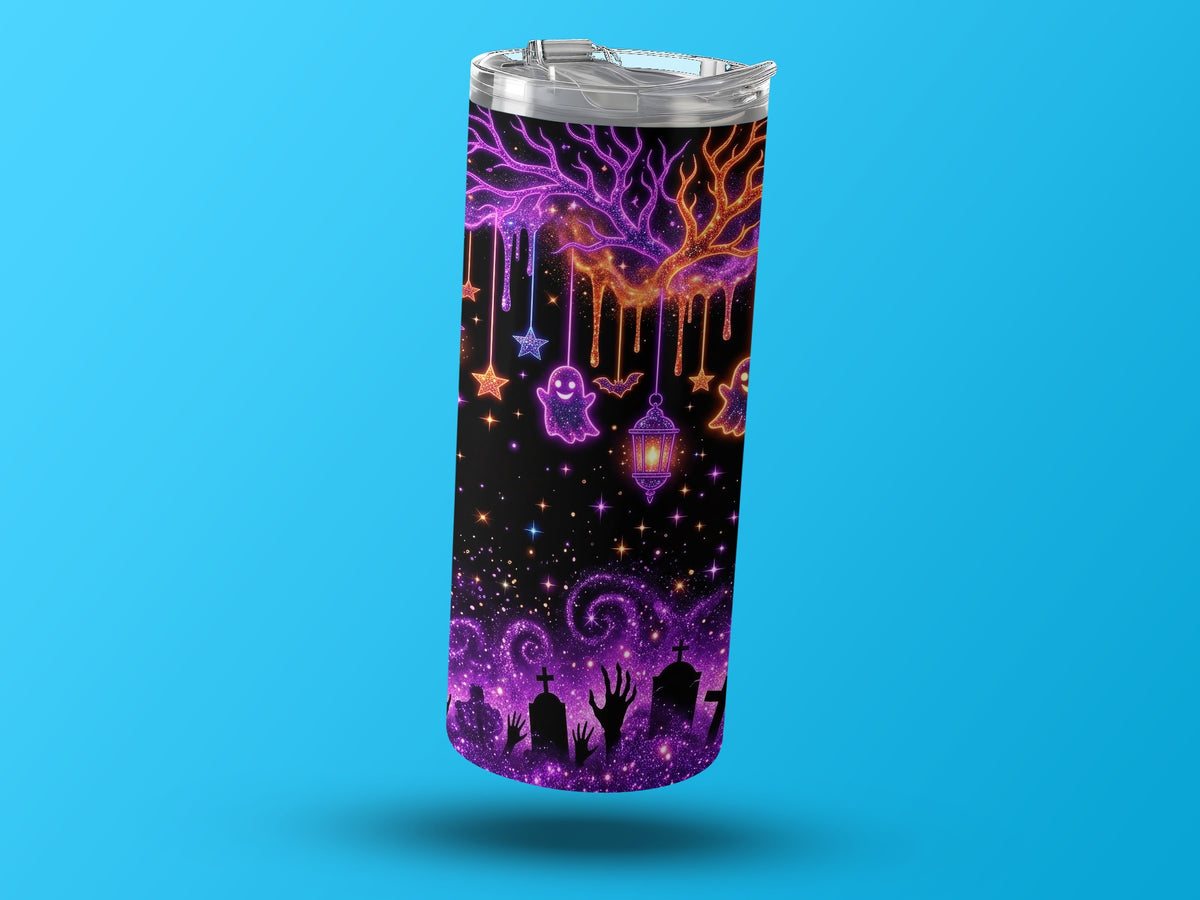 Tumbler with a spooky Halloween design featuring ghosts, bats, gravestones, and a starry night sky.