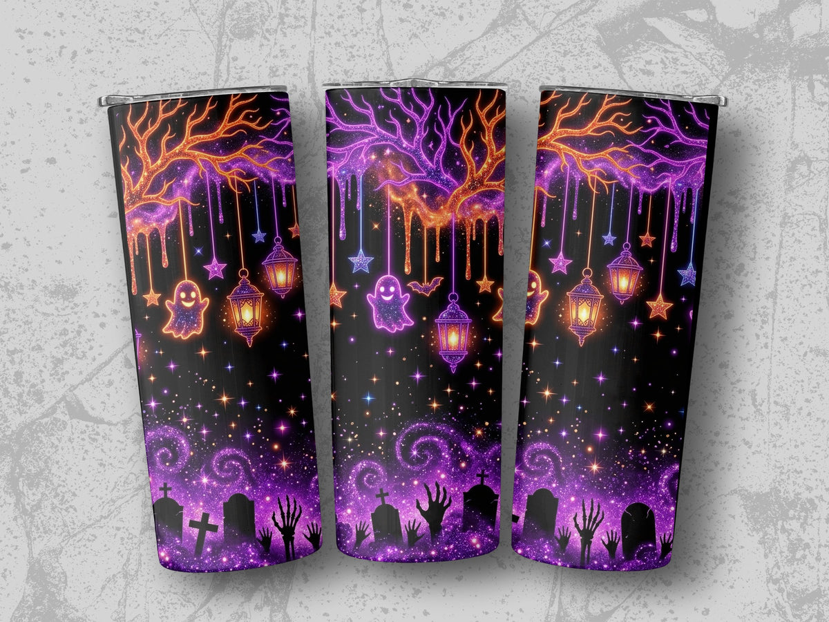 Three tumblers with a black Halloween design featuring a glowing tree, ghosts, lanterns, and gravestones.