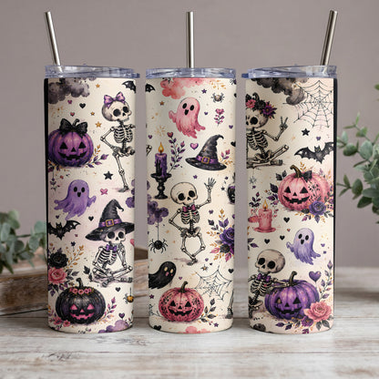 Three Halloween-themed tumblers with skeletons, pumpkins, ghosts, bats, and floral accents.