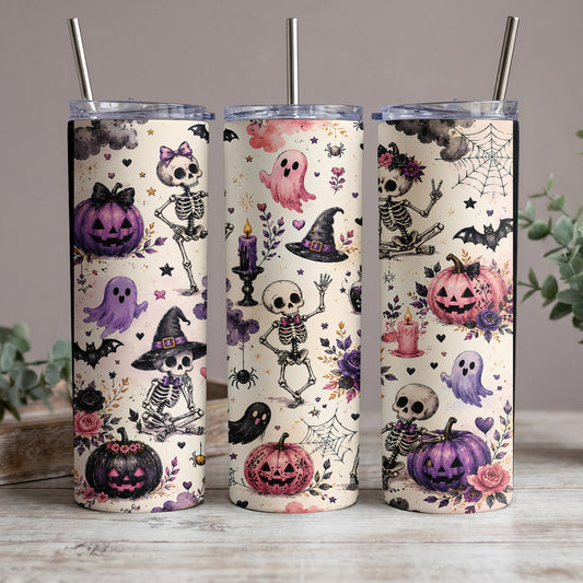 Three Halloween-themed tumblers with skeletons, pumpkins, ghosts, bats, and floral accents.
