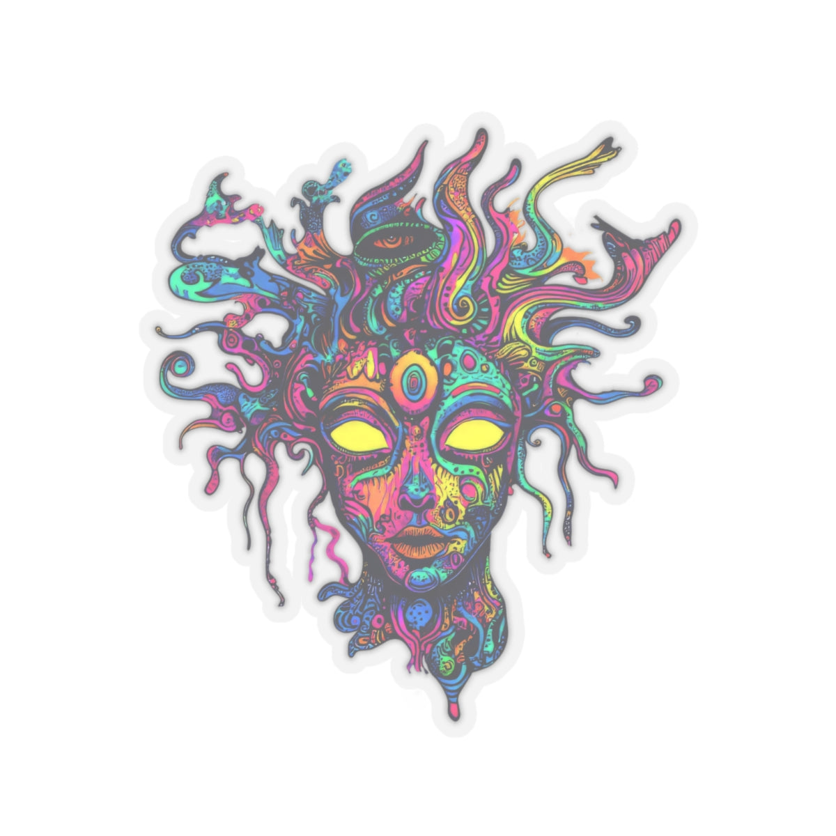 Colorful, psychedelic face with yellow eyes and intricate, swirling hair patterns.
