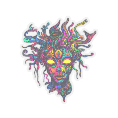 Colorful, psychedelic face with yellow eyes and intricate, swirling hair patterns.